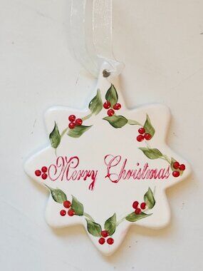 CLASSIC Christmas Ceramic Star Ornament Hand Painted Holly Berries